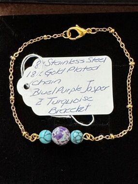 Handmade Gold-Tone Bracelet with Blue Turquoise and Purple Jasper Beads